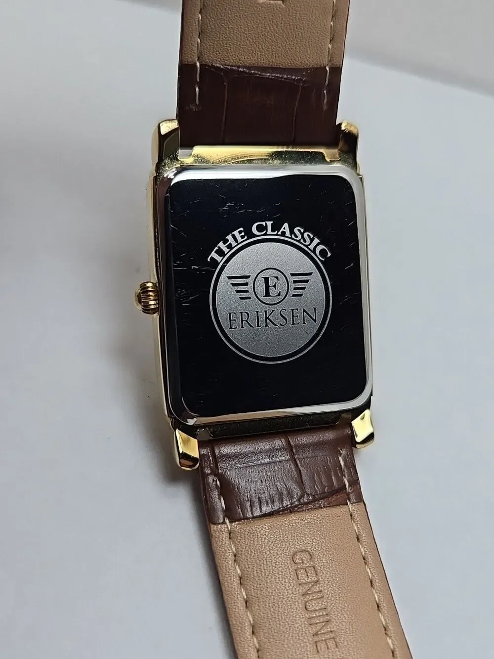Eriksen The Classic Mens Gold Tone 30mm .Tank Watch New Battery Brown Leather
